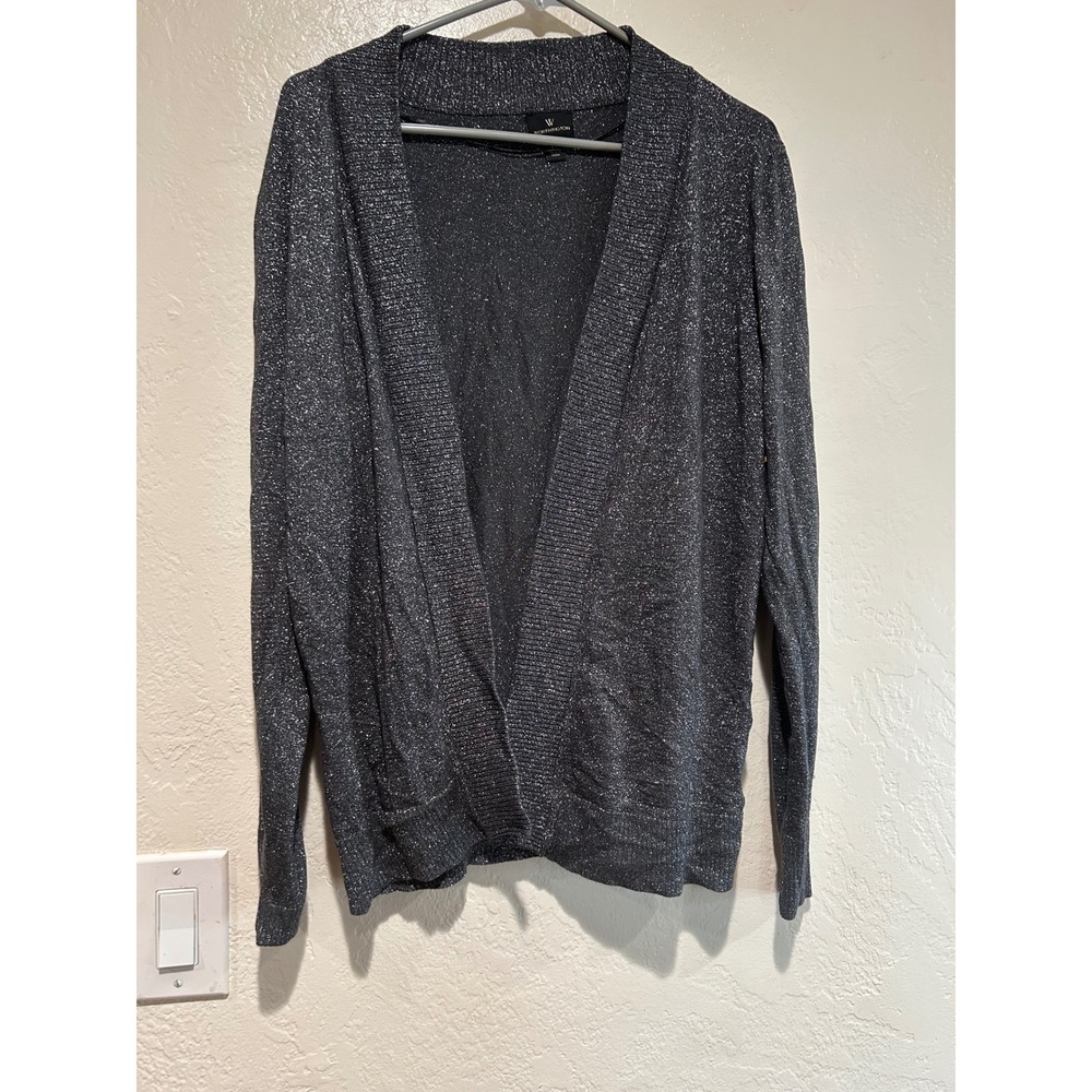 Worthington Womens LT Tall Dark Gray Silver Metallic Shimmer Open Front Cardigan